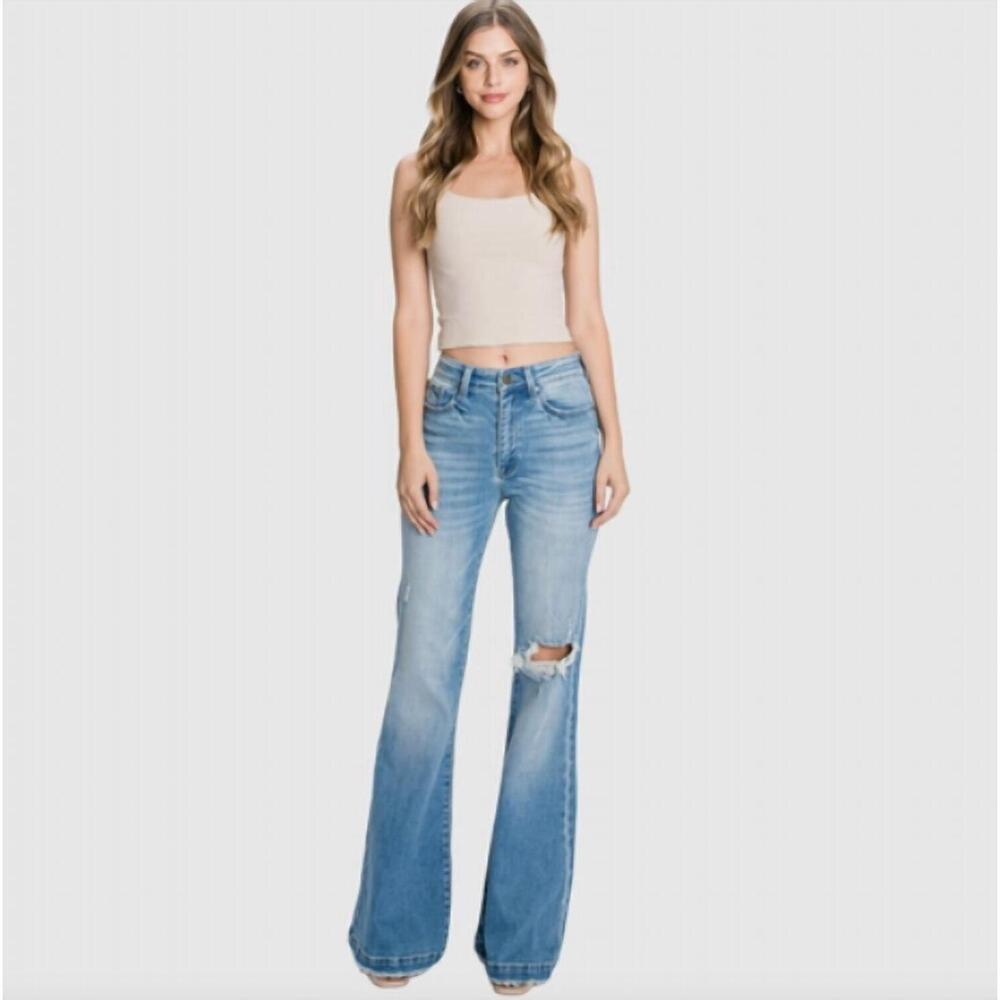 NEW PETRA153 distressed super high rise flare jeans - petite in blue